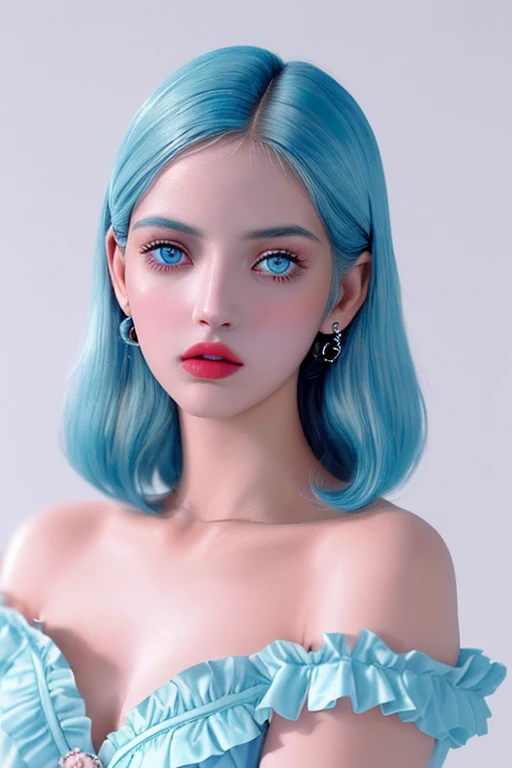 Uma mulher com cabelo chanel  rosa ,olhos azul, com batom vermelho , uma foto tirada com kodak portra 400 film, 