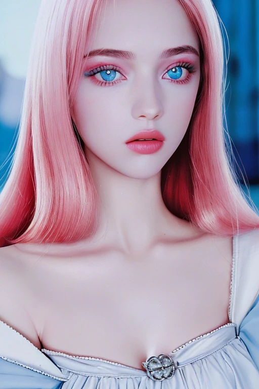 best quality, ultra high res, (photorealistic:1.4), (detailed beautiful girl:1.4), (medium breasts:0.8), looking_at_viewer, Detailed facial details, beautiful detailed eyes,pink hair, blue eyes, slender, haunting smile, (makeup:0.3), red lips, highly detailed clothes, (ulzzang-6500-v1.1:0.3)