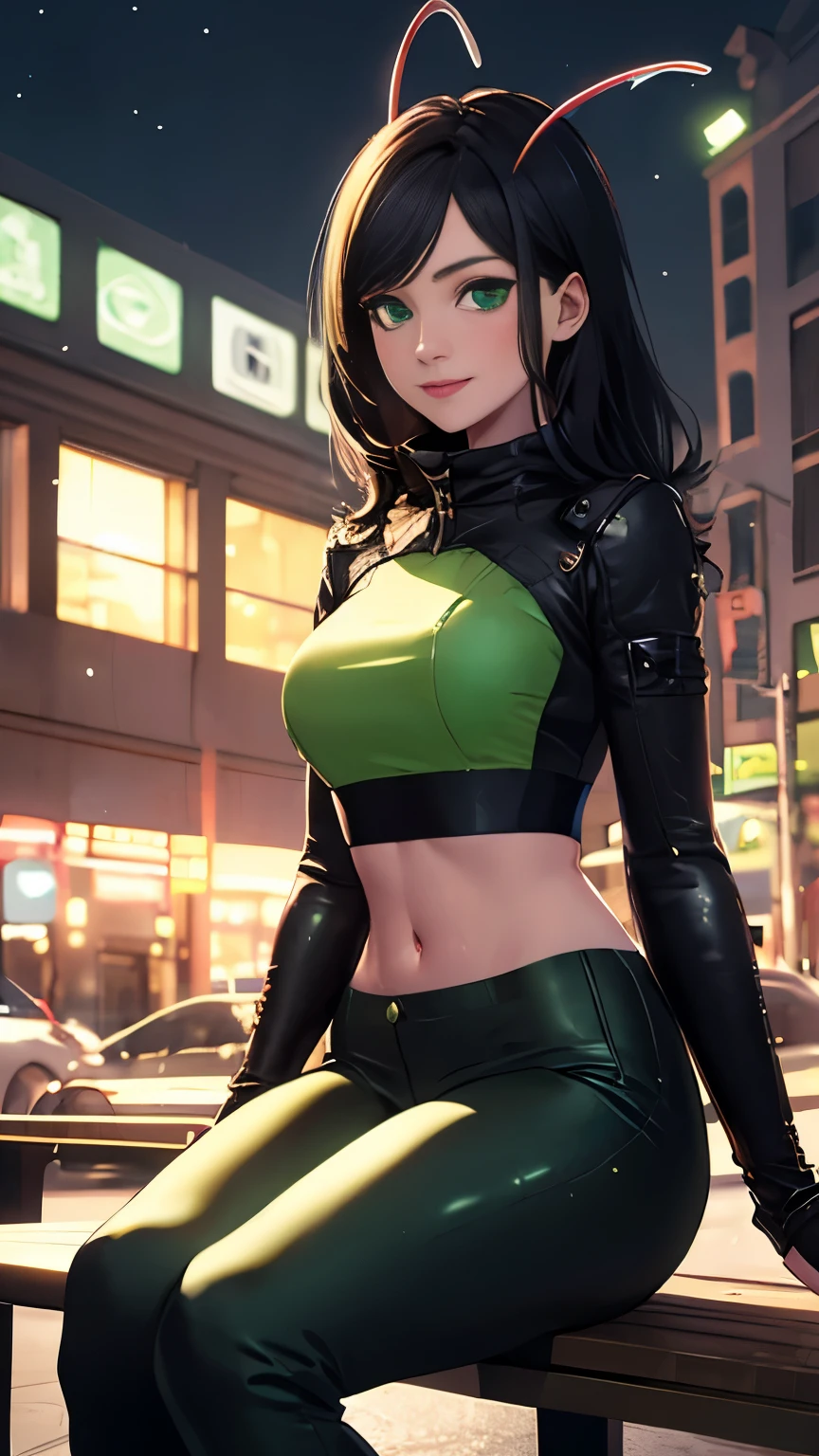 (Highly quality, masterpiece, detailed), science fiction city detailed scenario, night snowing city detailed background, 20 years old girl, solo, mantisg, black hair, green eyes, antennae, looking at viewer, black and green leather crop top, black and green leather pants, sleeve, smile, navel, perfect face, beautiful eyes, sitting on bench, looking at the viewer, Sexy pose