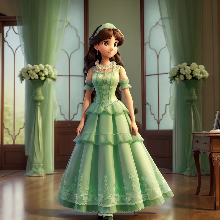 ((High-quality work)), the lines are clear and concise, the green dress and the beautiful pleated lace complement each other, which enriches the layering of the whole picture, the graceful Edwardian lace dress and the princess skirt add a lot to the character, the gesture with the back of the hand behind , It also shows the gentle and elegant side of women.