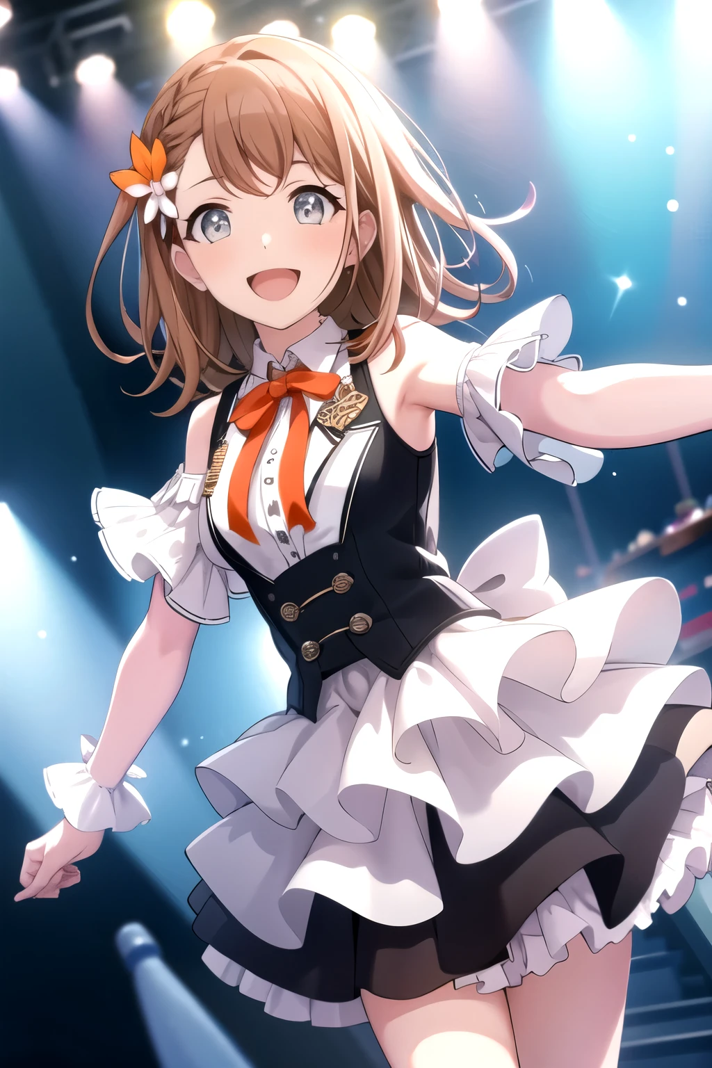 minori3rd, looking at viewer, smile, open mouth, skirt, shirt, hair ornament, bow, ribbon, holding, bare shoulders, jewelry, medium breasts, standing, white shirt, braid, hair bow, boots, frills, sleeveless, shiny, collared shirt, belt, armpits, vest, high heels, shiny hair, fingernails, dutch angle, black bow, neck ribbon, white footwear, standing on one leg, white skirt, frilled skirt, wing collar, outstretched arm, microphone, orange bow, dot nose, ankle boots, layered skirt, holding microphone, singing, idol, clover, waist bow, stage, stage lights, glowstick, clover hair ornament, idol clothes, single horizontal stripe, concert, audience