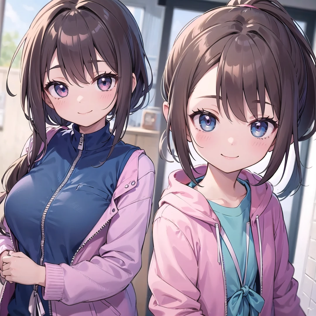 I draw cute anime girls with bright expressions.。She has big bright eyes and a modest smile、Her dark brown hair is tied in a ponytail at the top.。Pink jacket、Blue Shirt、He&#39;s wearing khaki shorts、The background is soft pink and the floating hearts around her create a sweet and playful atmosphere.。