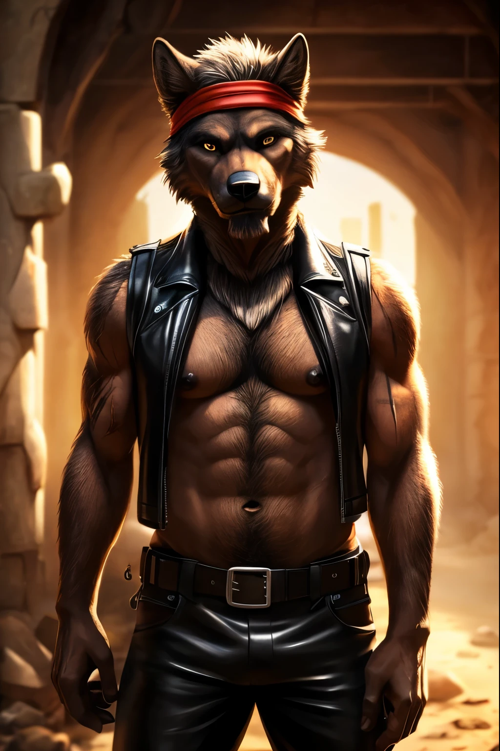 Masterpieces, furry, male, Anthropomorphic, full body, old age, rugged, twink, black wolf, feminine body type, Delicate eyes, white goatee, grizzled fur, white chest hair, glistening body, biker, brown skin, depth of field, warm lighting, bright lighting, (best quality),(masterpiece),(ultra detailed), sharp focus, wasteland background, very large and succulent black nipples (must include nipples), fierce look, evil grins, scars, glossy, oiled up skin, black trousers, shirtless, black leather vest, red headband