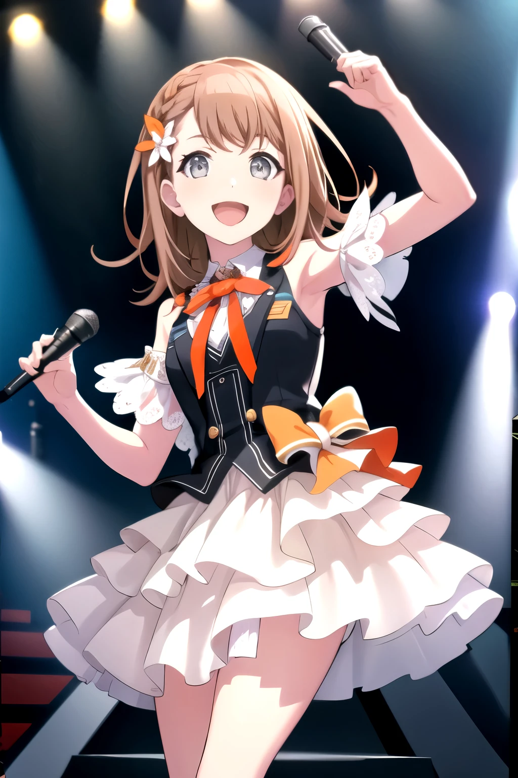 minori3rd, looking at viewer, smile, open mouth, skirt, shirt, hair ornament, bow, ribbon, holding, bare shoulders, jewelry, medium breasts, standing, white shirt, braid, hair bow, boots, frills, sleeveless, shiny, collared shirt, belt, armpits, vest, high heels, shiny hair, fingernails, dutch angle, black bow, neck ribbon, white footwear, standing on one leg, white skirt, frilled skirt, wing collar, outstretched arm, microphone, orange bow, dot nose, ankle boots, layered skirt, holding microphone, singing, idol, clover, waist bow, stage, stage lights, glowstick, clover hair ornament, idol clothes, single horizontal stripe, concert, audience