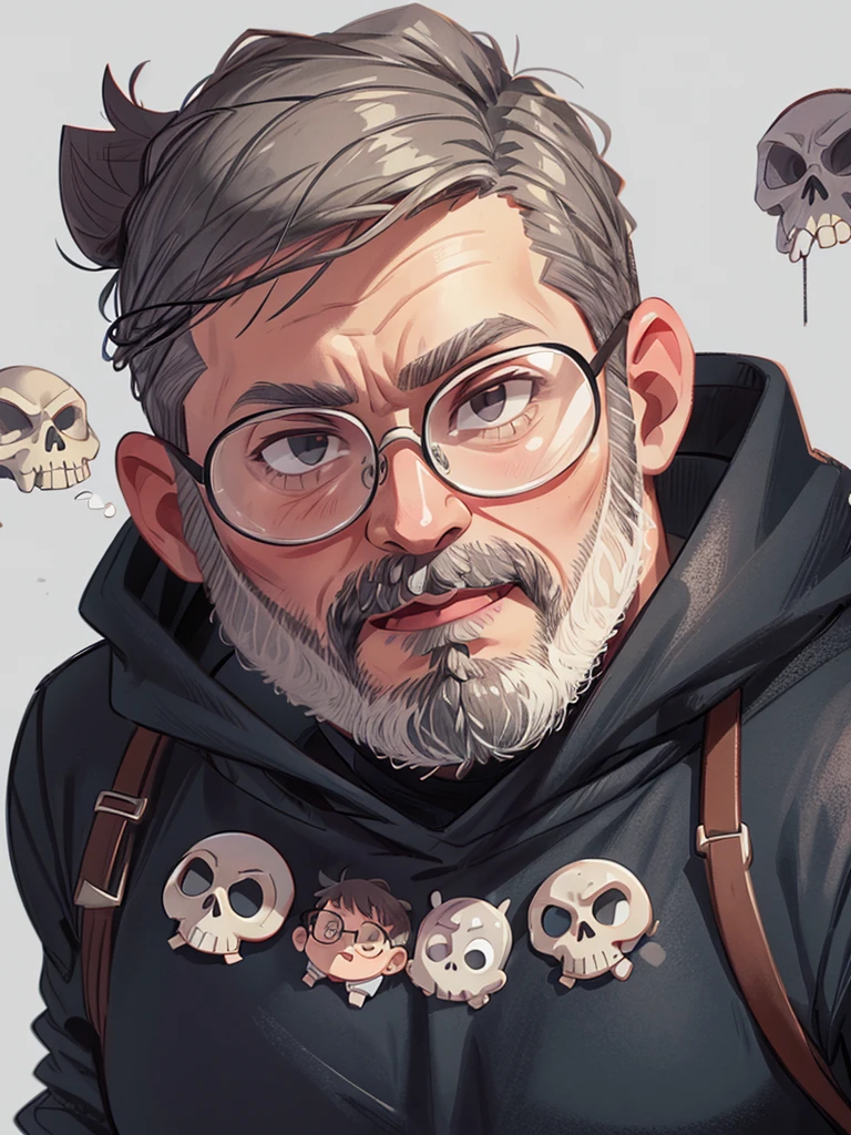 a white geek man, a little chubby, around 50 years old, short gray hair, gray beard, using glasses, black shirt with a white skull, 8k, photo, ultra realistic