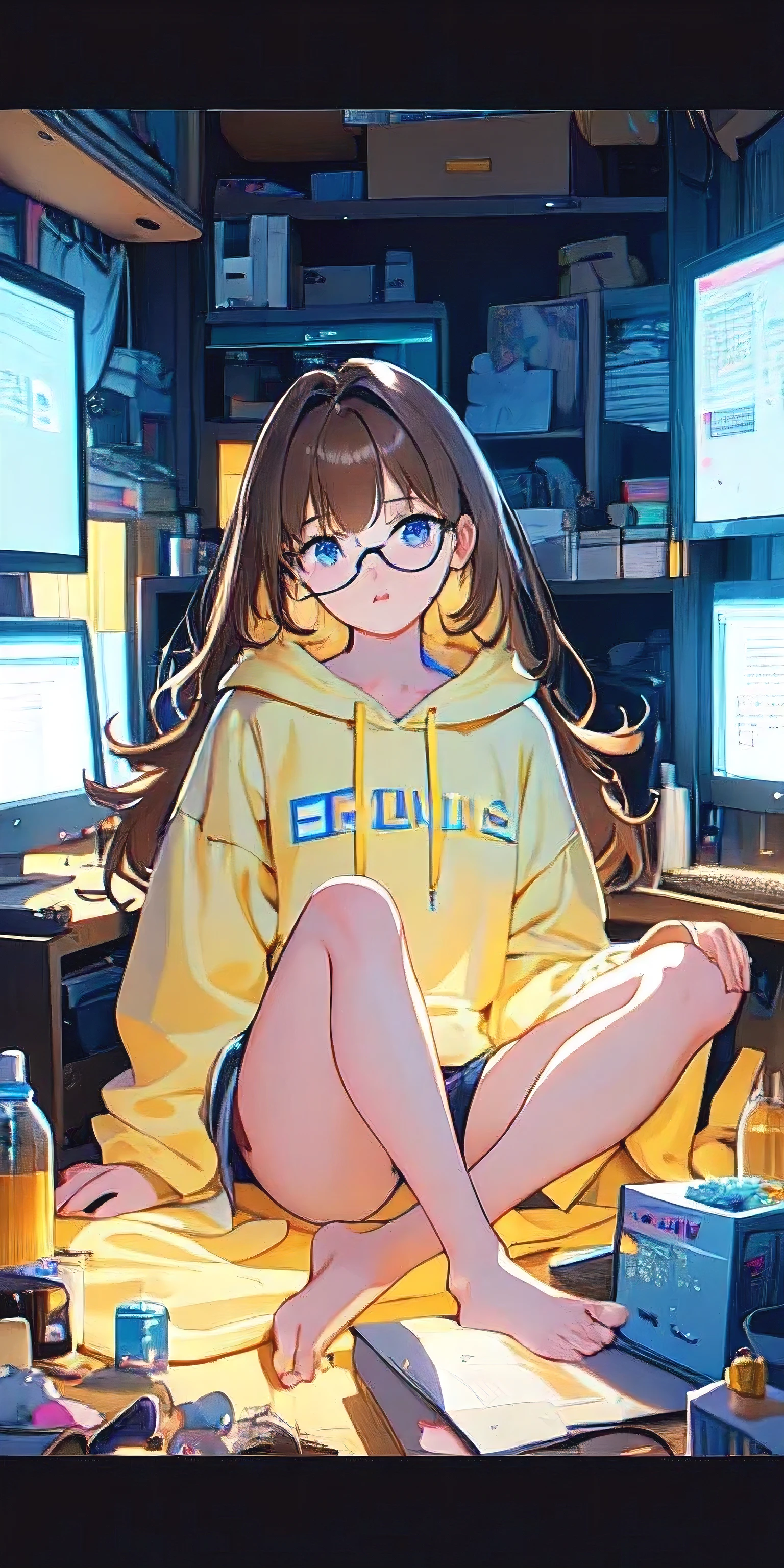 [(Transparent background:1.5)::5],(((masterpiece))),(((best quality))),(((extremely detailed))),illustration, 1 girl, solo, girl sitting in front of computer screen, wearing round glasses, lught yellow oversized hoodie (Honey brown hair),(brown eyes), full body,barefoot,long fluffy hair, gamer room in night. Light from monitor. Blue room. Dark background, multi-color eyes, detailed eyes, hyper detailed,pouting, highly detailed, beautiful, small details, ultra detailed, best quality, intricate, 4k, 8k, trending on artstation, good anatomy, beautiful lighting, award-winning,