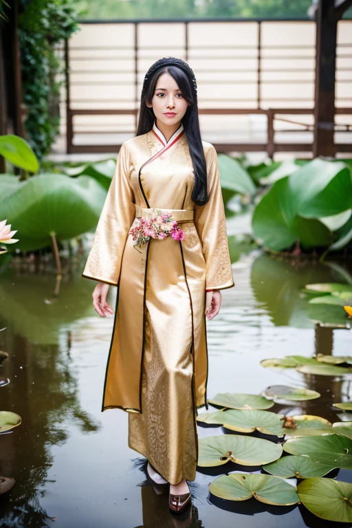 Full body portrait:1.4), RAW UHD portrait photo of a 25 year old Chinese Goddess Kuan Yin, with black hair that flows down to her knees, standing on a lotus flower, she has brown eyes and is 5'6" and slender, she wears high-end traditional Chinese clothing and has feminine features, dslr, ultra quality, sharp focus, tack sharp, film grain (centered), fujifilm xt3, oiled skin, tan, intricate eye detail