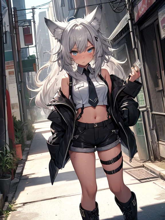 Single girl, Anime tomboy, Short height, Long white hair, (elegant hair), wolf ears, wolf tail, blue eyes, thigh high fishnets, black combat boots, long hair, nude, solo, only one female ((small breasts)) solo, alone, (SOLO)(ALONE) thighs, nice hips, blue eyes, perfect eyes, perfect face, pouty lips, happy, white shirt, midriff, black cutoff shorts, perfect detailed face, ((sweat)), aftersex, alley, modern grey walls, (prostitution), (((holding money in hand))), (((money))), dollar, ((after prostitution)), standing, spread legs, young, 11 years old,
