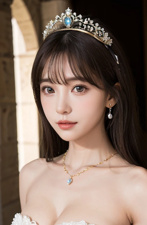 Princess , in castle , detailed hand , high quality, super quality, (detailed face:1.2), beautiful woman , golden eyes, long hair , gorgeous dress, tiara, necklace , earring , sharpe eyebrow , beautiful bangs are covering her eyes , mega breast ,