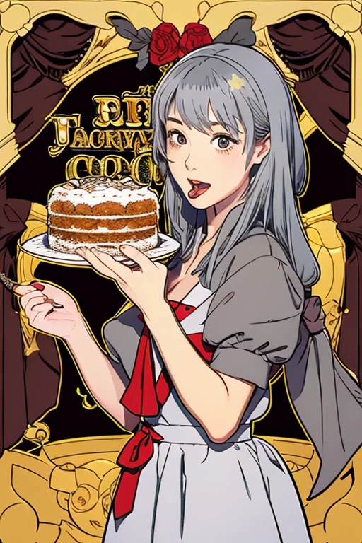 2D illustration: A Russian girl in her early 20s with ash-gray hair about to bite into a giant roll cake on display at a pastry shop