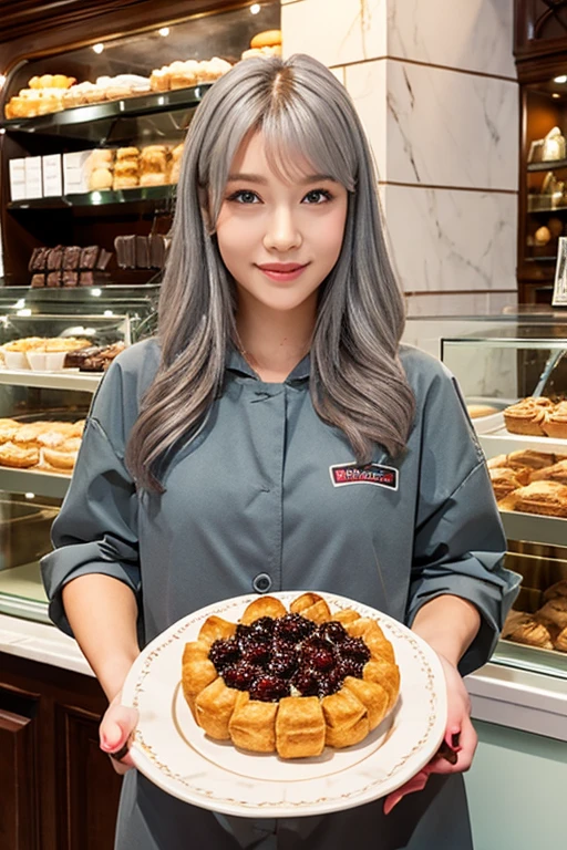 2D illustration: A Russian girl in her early 20s with ash-gray hair about to bite into a giant roll cake on display at a pastry shop