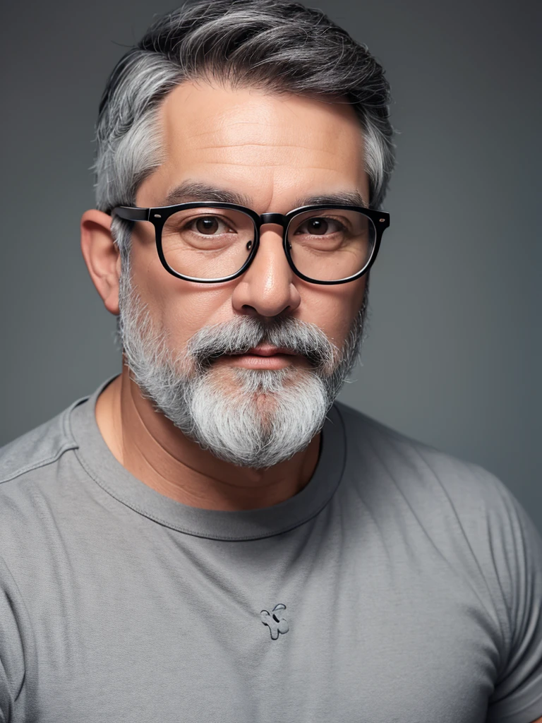 a white geek man, a little chubby, around 50 years old, short gray hair, gray beard, using glasses, black shirt with a white skull, 8k, photo, ultra realistic