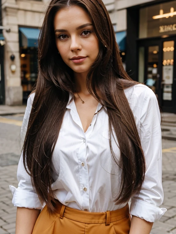 Business woman with long straight brown hair