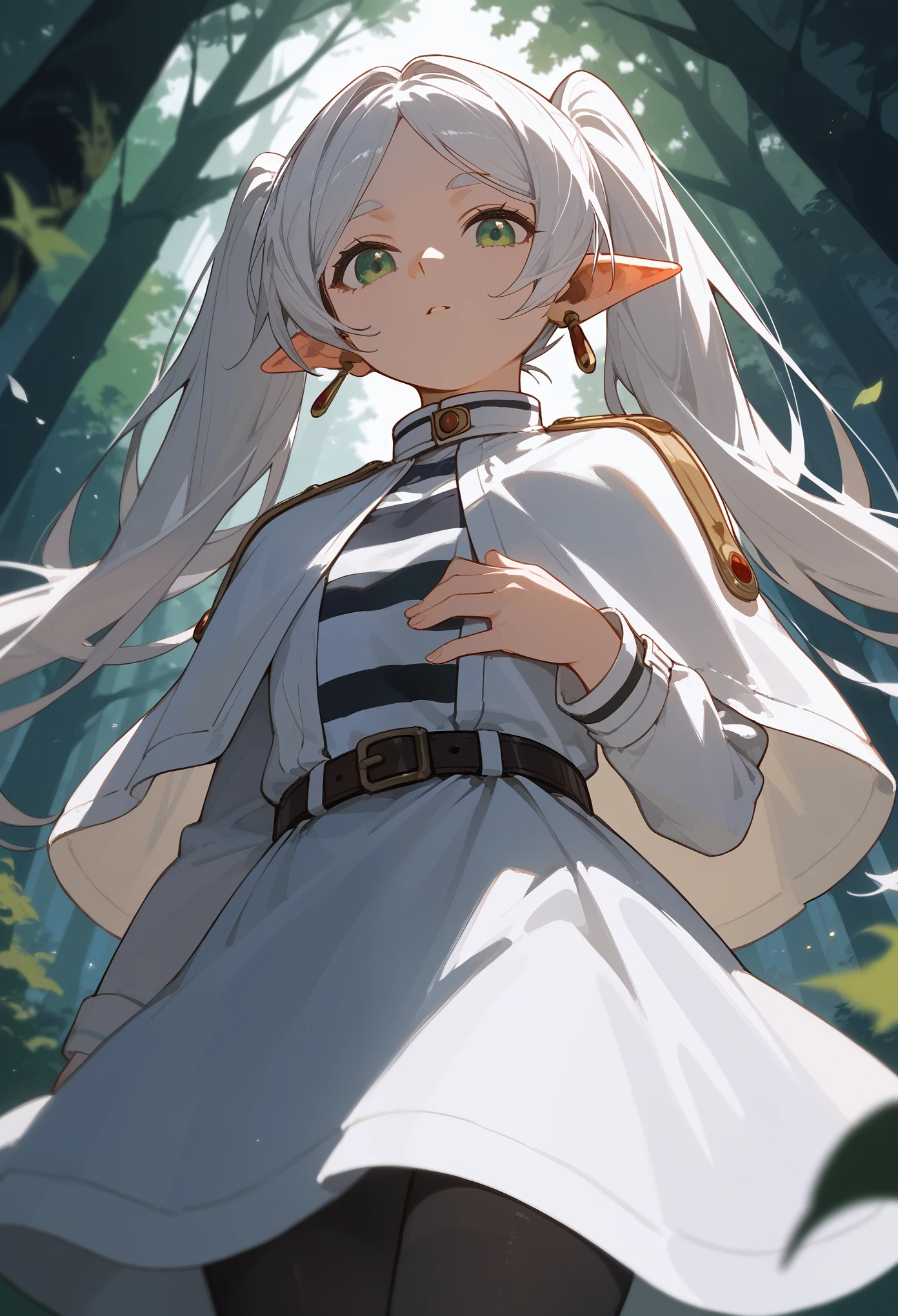 masterpiece, best quality, (score_9, score_8_up, score_7_up), 1girl, solo, FrierenBase, green eyes, white hair, long hair, twintails, earrings, white capelet, striped shirt, black stripes, long sleeves, belt, white skirt, black pantyhose, looking at viewer, from below, hand on chest, perfect hands, forest, night, sharp focus, masterpiece, best quality
