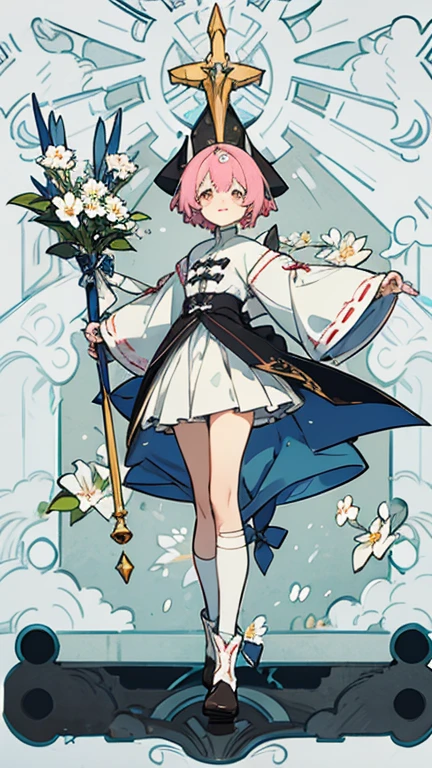 White clothes, Victorian style, British background, Three No, Cat-like pupils, Floral decoration, Delicateeyes,  whole body圖, figure, Standing image,elder sister, Smile, fair, fantastic, mystery，Designer ankle boots，Small white flowers，Blue gemstones，White eye mask，There are bandages on the legs，The skirt has a designer cut，Stockings。Pink Hair，short hair，Braiding，1 girl，whole body，figure设定图，Three views of charactermorpg，魔Staff，Therapeutic Career，White clothes，Western Fantasy，Big black bow on head，Staff，Priest，Mage，Spellmaster