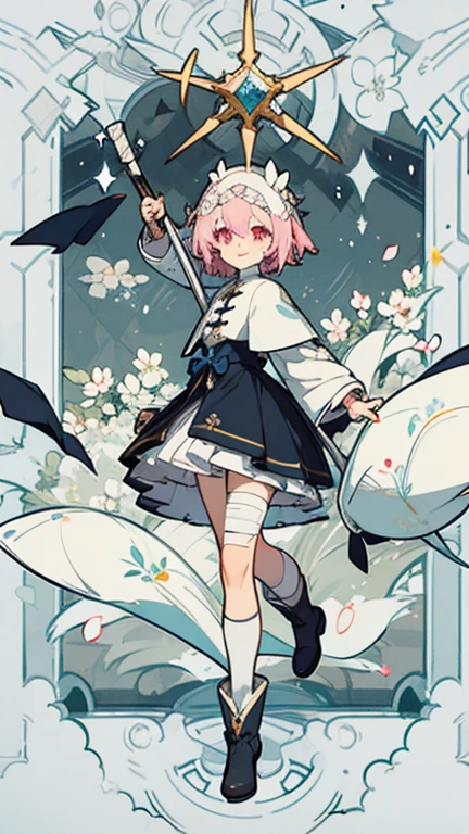 White clothes, Victorian style, British background, Three No, Cat-like pupils, Floral decoration, Delicateeyes, whole body圖, figure, Standing image,elder sister, Smile, fair, fantastic, mystery,Designer ankle boots,Small white flowers,Blue gemstones,White eye mask,There are bandages on the legs,The skirt has a designer cut,Stockings。Pink Hair,short hair,Braiding,1 girl,whole body,figure设定图,Three views of charactermorpg,魔Staff,Therapeutic Career,White clothes,Western Fantasy,Big black bow on head,Staff,Priest,Mage,Spellmaster