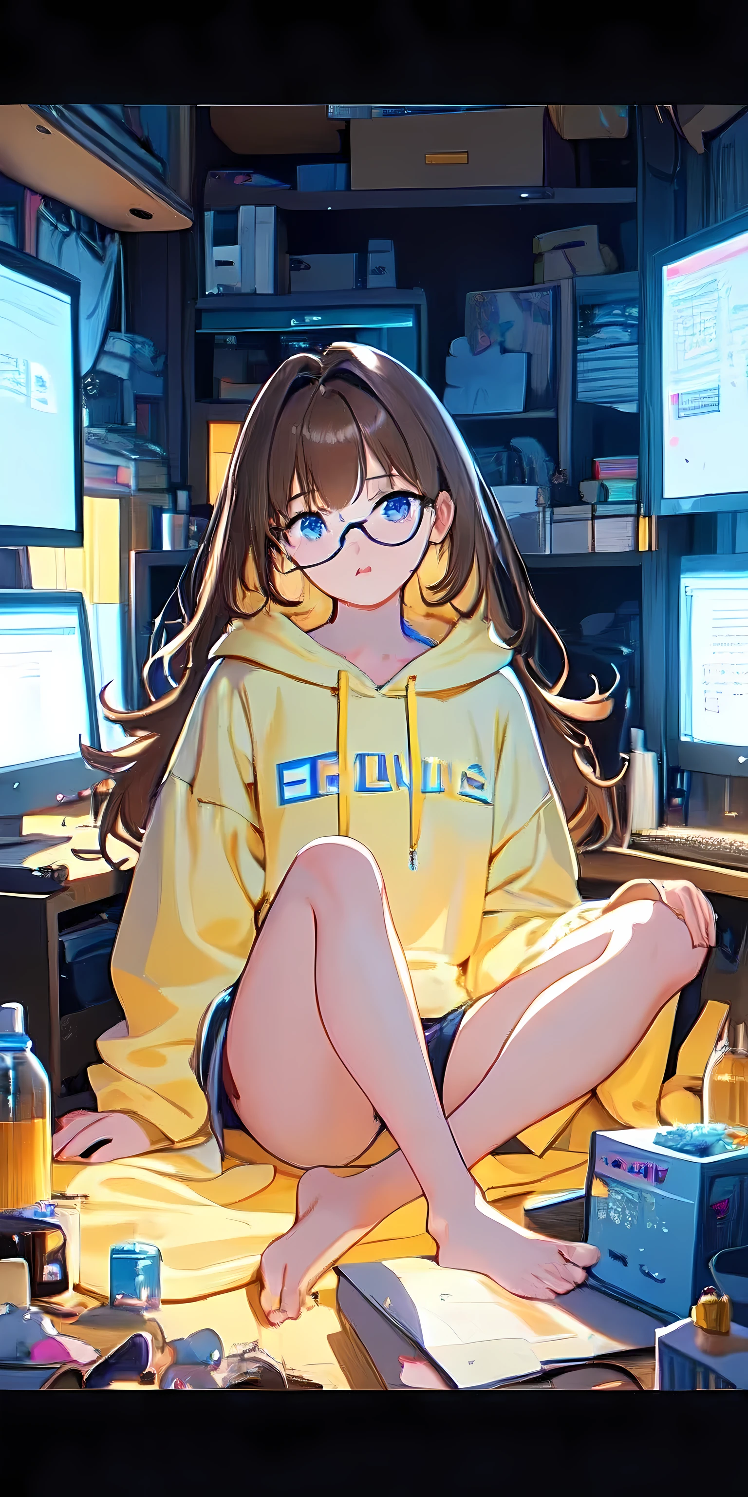 [(Transparent background:1.5)::5],(((masterpiece))),(((best quality))),(((extremely detailed))),illustration, 1 girl, solo, girl sitting in front of computer screen, wearing round glasses, lught yellow oversized hoodie (Honey brown hair),(brown eyes), full body,barefoot,long fluffy hair, gamer room in night. Light from monitor. Blue room. Dark background, multi-color eyes, detailed eyes, hyper detailed,pouting, highly detailed, beautiful, small details, ultra detailed, best quality, intricate, 4k, 8k, trending on artstation, good anatomy, beautiful lighting, award-winning,