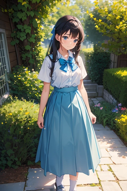 girl, student, , Wearing a uniform, Light blue skirt, Long skirt, small bow, small bow, garden, nature, nature garden, anime, anime movie