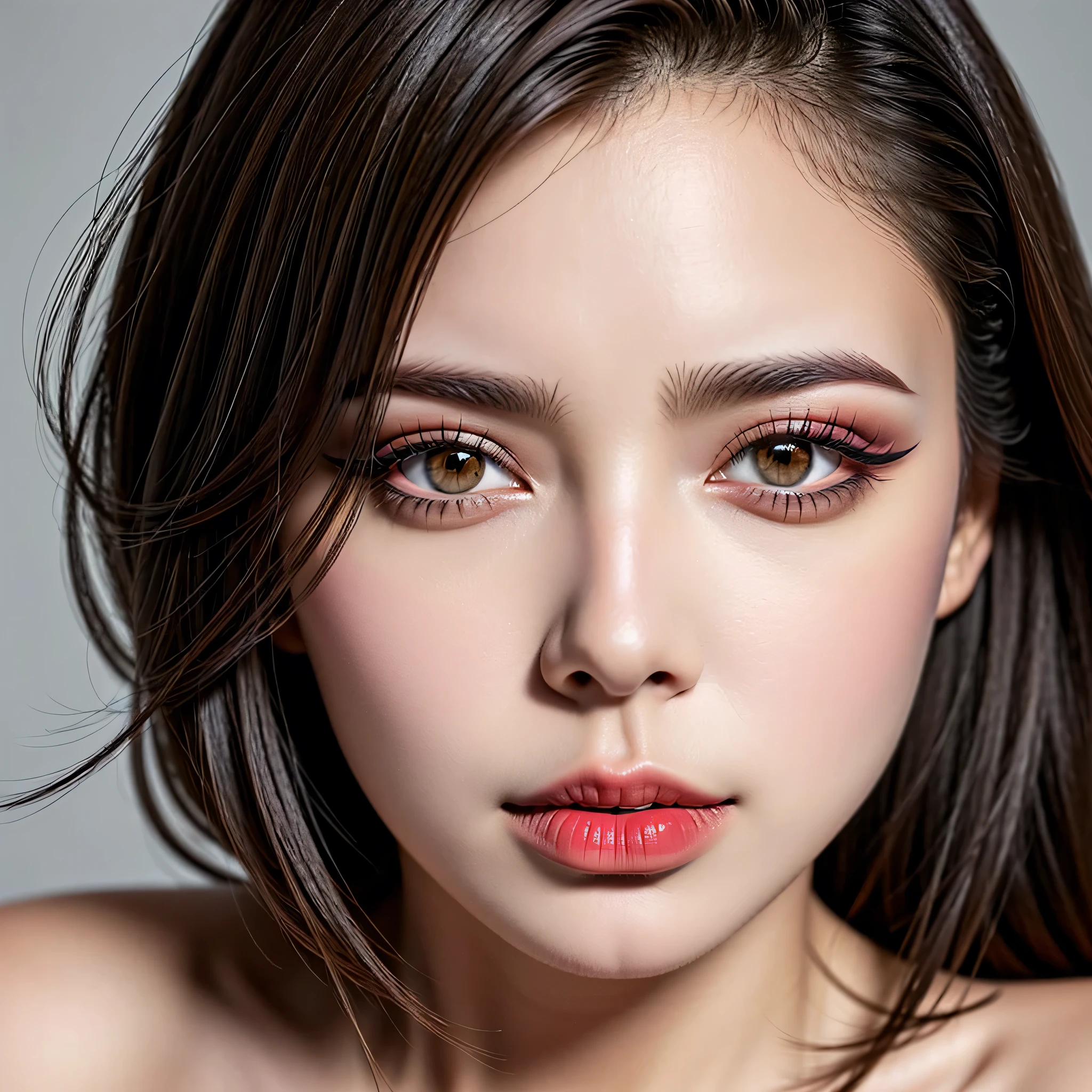 ((highest quality:1.4)),((highest quality:1.4)),(Hyper-realistic),(Hyperrealism)),(photorealistic),((sharp focus)),((highest resolution)),((the most absurd quality1.4)),((masterpiece)), Beautiful brunette model (Perfect Anatomy:1.37), with brown eyes, super realistic eyes, perfect eyes, perfect iris, perfect lips, (blue_eyeliner), perfect ((dark eyeshadows)), detailed makeup on eyes, (high detailed realistic face:1.35),(high detailed eyes), (tired and sleepy and satisfied:0.0), close up of a woman's eye, perfect round eyes,finely detailed pupils, Detailed nose, Velvety skin, Looks mesmerising. red lipstick on her lips, Long eyelashes, ((shot above the shoulders:1.2))
