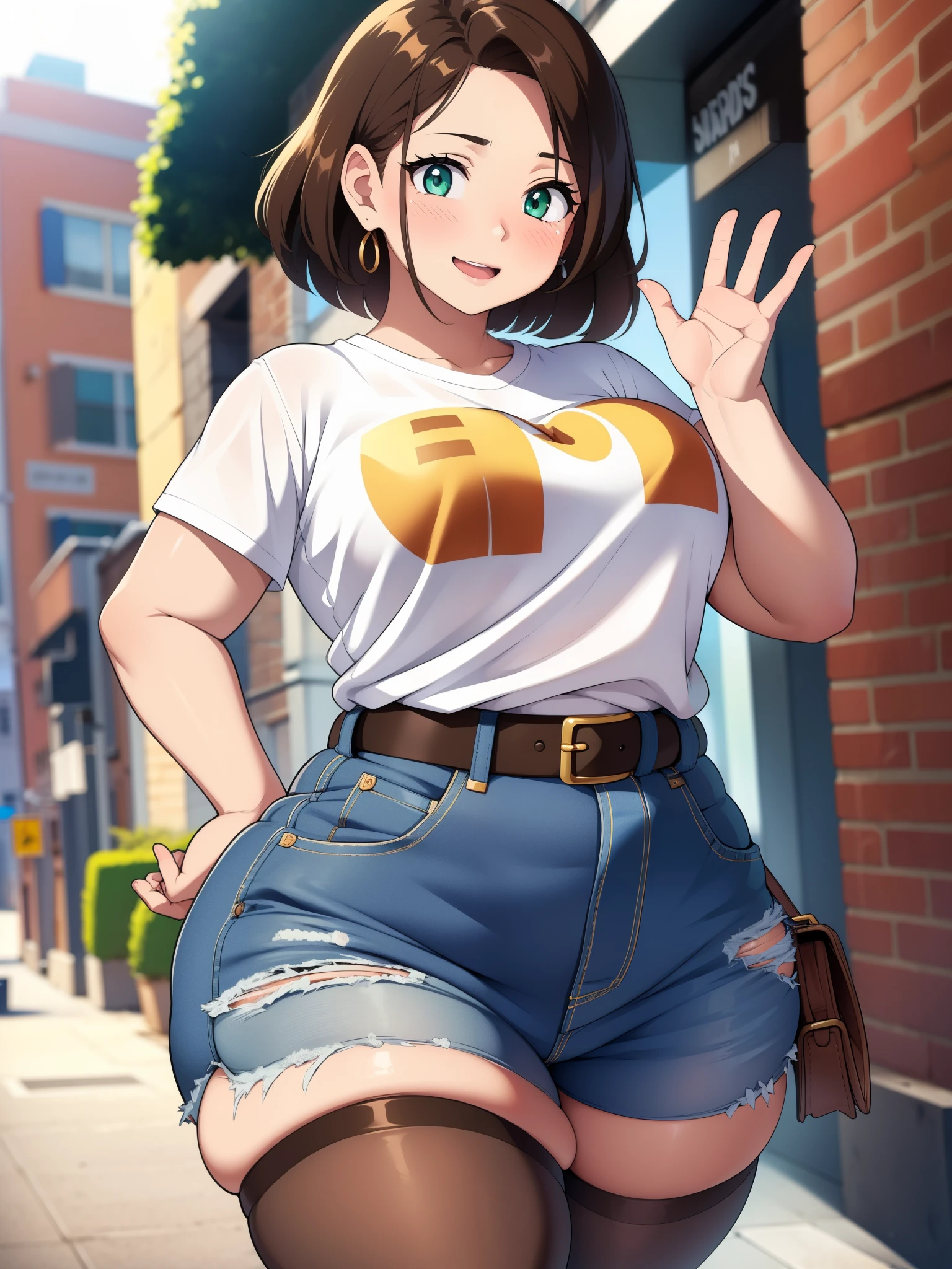 ((Masterpiece)), perfect anatomy, perfect shading, field of depth, (best quality), extremely delicate and beautiful, perfect lighting, detailed face, ultra cute face, cute, (cowboy shot 1.2), full body, (((1girl))), ((solo)), looking at viewer,

short hair, fluffy hair, brown hair, green eyes, ((blush)), affectionate smile, happy, (white T-shirt 1.5), (shorts 1.2), belt, extremely tight clothes, medium breasts, perky breasts, ((wide hips)), ((thick thighs)), pudgy

street, intricate background, detailed background, hand on hip, waving,