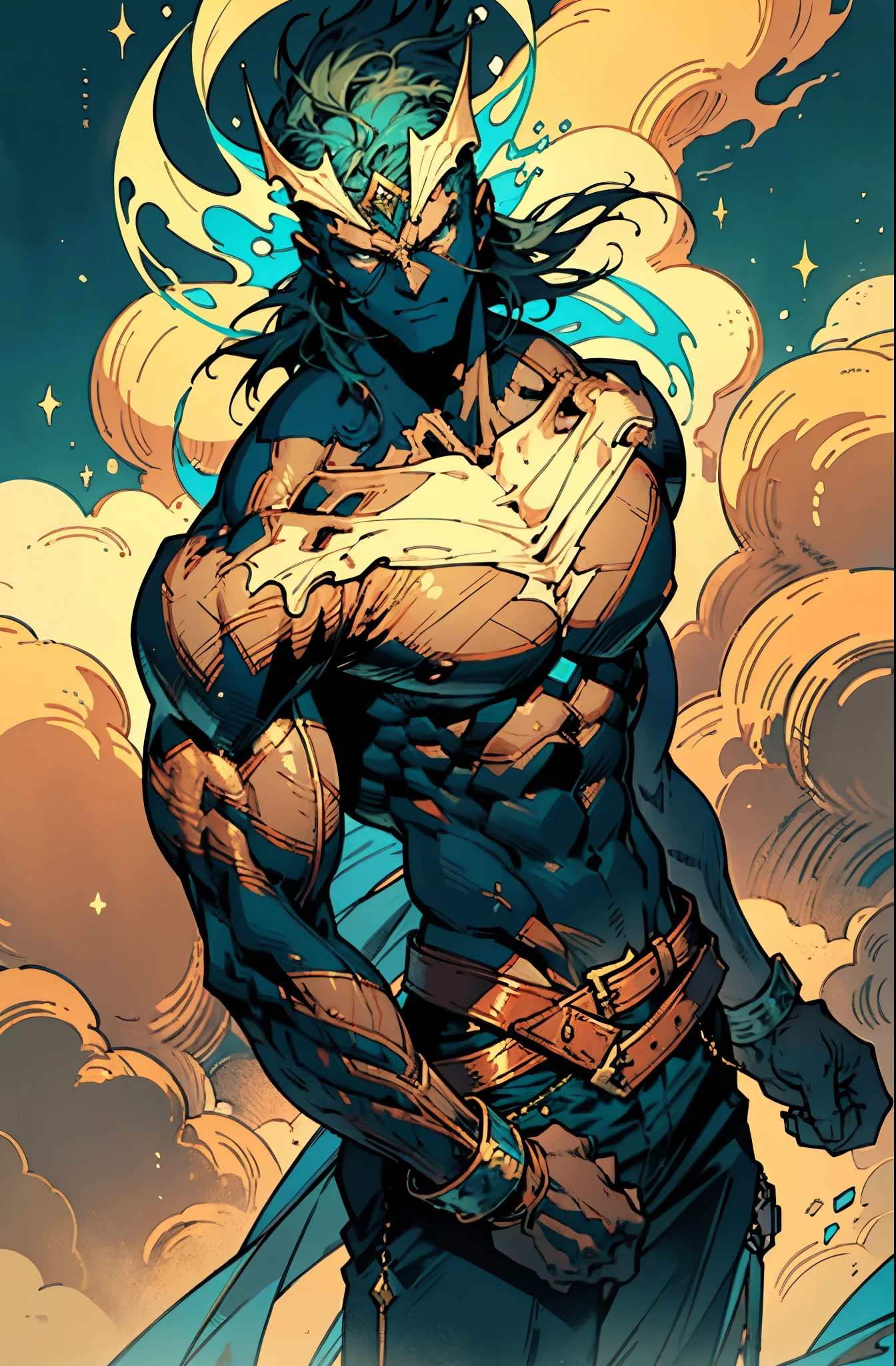 A man with messy medium-length hair emitting neon fluorescence, a magnificent fantasy-style headdress covering upper half of his face, sharp gaze, a muscular physique with a bronze-toned upper body, a plain cloth belt wraps around his waist, white coarse cloth trousers, standing sideways with a tilted body, topless, amidst iridescent nebula clouds, this character embodies a finely crafted fantasy-style practitioner in anime style, exquisite and mature manga art style, high definition, best quality, highres, ultra-detailed, ultra-fine painting, extremely delicate, professional, perfect body proportions, golden ratio, anatomically correct, symmetrical face, extremely detailed eyes and face, high quality eyes, creativity, RAW photo, UHD, 32k, Natural light, cinematic lighting, masterpiece-anatomy-perfect, masterpiece:1.5