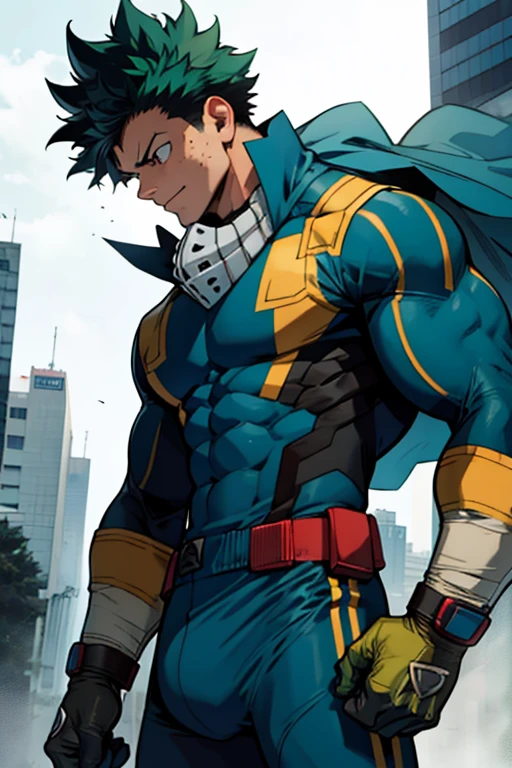 Un Izuku Midoriya con la musculatura de All Might , With toned and robust muscles, His strength and endurance would be unmatched.. His All Might-inspired suit would be a perfect combination of style and functionality., with the characteristic design in the shape of "Y" en el pecho y los colores verde, negro y blanco decorando su uniforme. The cape billowing behind him would add a touch of majesty to his appearance., making it look even more impressive
