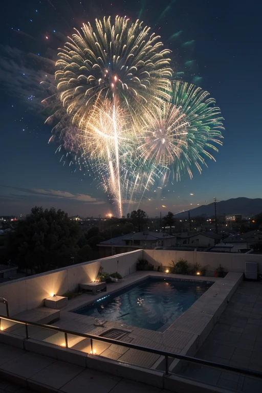Create an RPG style scene of a beautiful brunette woman with blue eyes naked next to the pool at night with fireworks.