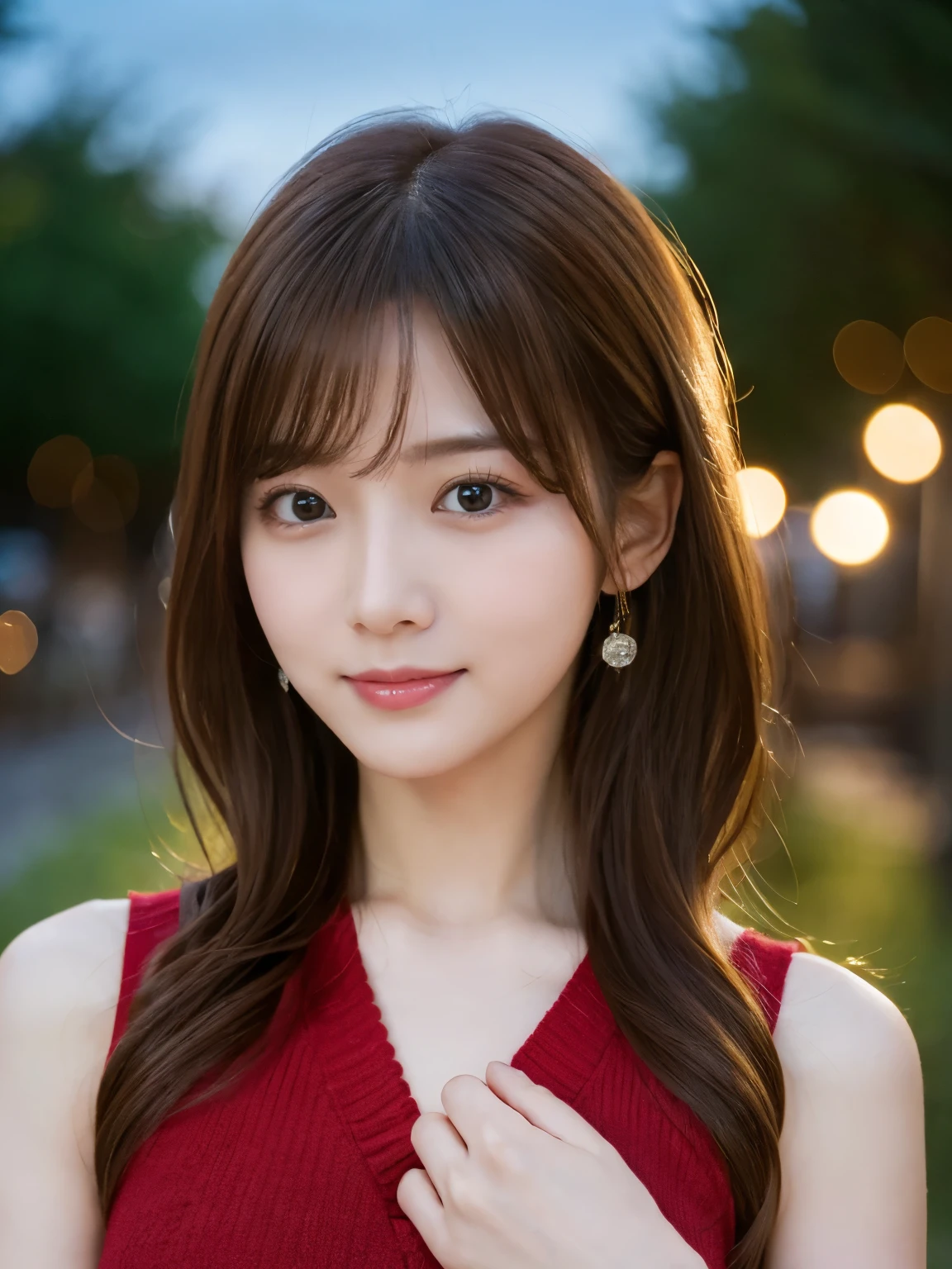 masterpiece, 1 beautiful girl, Detailed eyes, Puffy eyes, highest quality, 超A High resolution, (Realistic : 1.4), Cinema Lighting, Japanese, Asian Beauty, Super Beauty, Beautiful Skin, Slender, (超Realisticな), (High resolution), (8k), (High resolution), (Beautiful and detailed eyes), (Super detailed), (wallpaper)、Detailed face, Bright lighting, Professional Lighting, View Art, (The costume is a red knit dress), Long Hair, My hair is messy, Asymmetrical bangs, Night Scenery, Brown Hair, Japan is an idol, Korean Idols, Gravure idol pose, 23 years old, expensive, smile, Flower park scenery at dusk, ((Front facing body position)),
