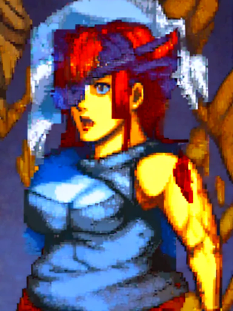 Twintail, red haired, 1girl, grey eyes, well toned, well built, muscled, toned muscles, formal attire, pixelated