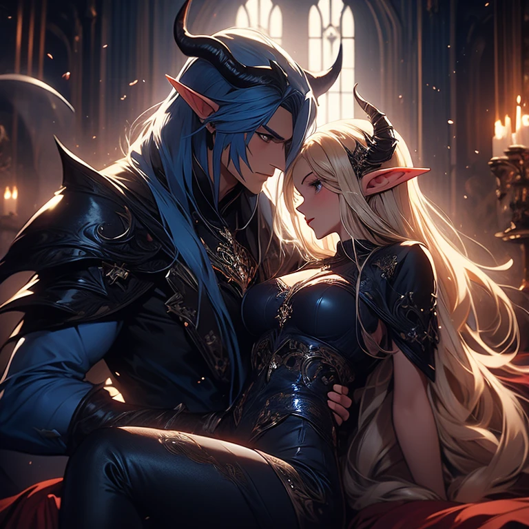 female adult elf with darkblonde hair, and a male elf dark blue long hair and demon horns male with dark blue hair and demon horns having sex, sex, dominant male