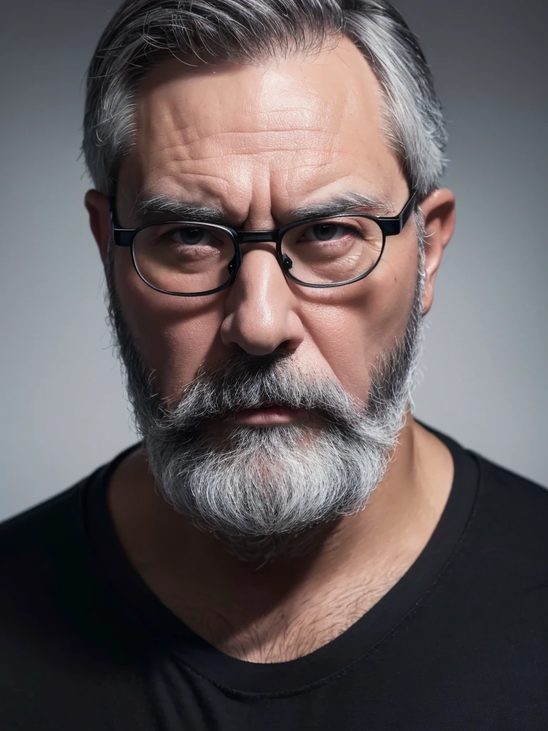 a white man, a little chubby, 50 years old, short gray hair, gray beard, using glasses, black shirt with a white skull, 8k, photo, ultra realistic