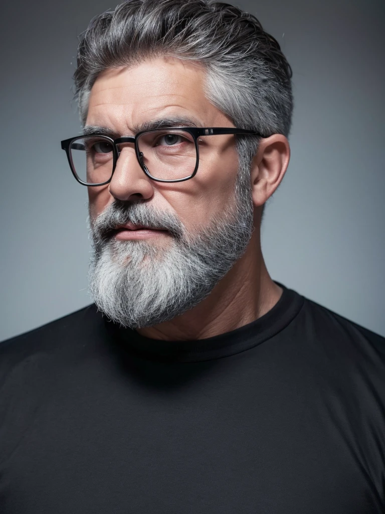 a white man, a little chubby, 50 years old, short gray hair, gray beard, using glasses, black shirt with a white skull, 8k, photo, ultra realistic