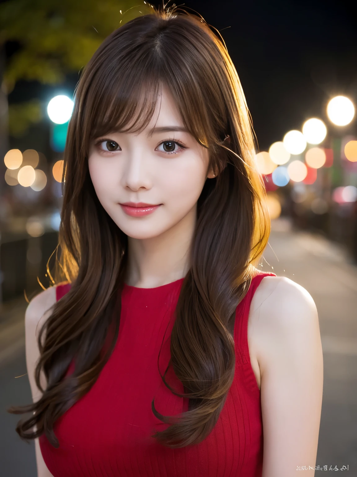 masterpiece, 1 beautiful girl, Detailed eyes, Puffy eyes, highest quality, 超A High resolution, (Realistic : 1.4), Cinema Lighting, Japanese, Asian Beauty, Super Beauty, Beautiful Skin, Slender, Body facing forward, (超Realisticな), (High resolution), (8k), (High resolution), (Beautiful and detailed eyes), (Super detailed), (wallpaper)、Detailed face, Bright lighting, Professional Lighting, View Art, Look straight ahead, (The costume is a red knit dress), Long Hair, My hair is messy, Asymmetrical bangs, Night Scenery, Brown Hair, Japan is an idol, Korean Idols, Gravure idol pose, 23 years old, expensive, smile, Flower park scenery at dusk, (Body posture towards the camera), (Random body direction),