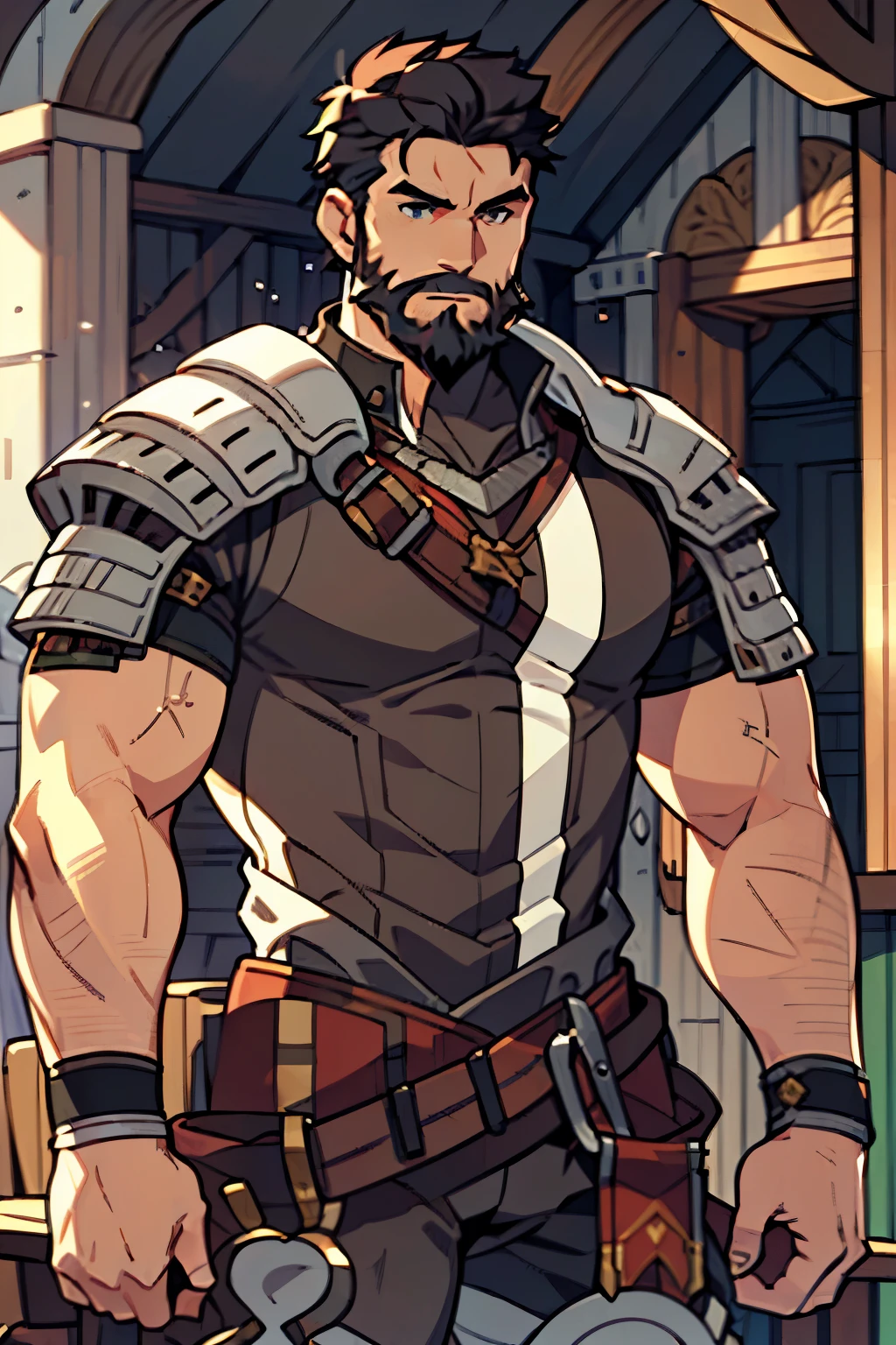 Large medieval kingdom in the background, old mature muscular male, black hair, very short hair, cropped military hairstyle, ((black beard))), ((thick beard)), (((full beard))), ((long beard)), green eyes, bright eyes, 48 years old, bara, muscular male, tall, Piece, athlete, bare biceps, Abs, chest, medieval armor, light armor, red armor, Mystical armor, Golden details on the armor, black details on the armor, elsword style armor, ((arms exposed)), thick beard, Neutral face, cowboy shot, high resolution:1.2, best quality, master part, daylight, Reflection of lens, upper body shot