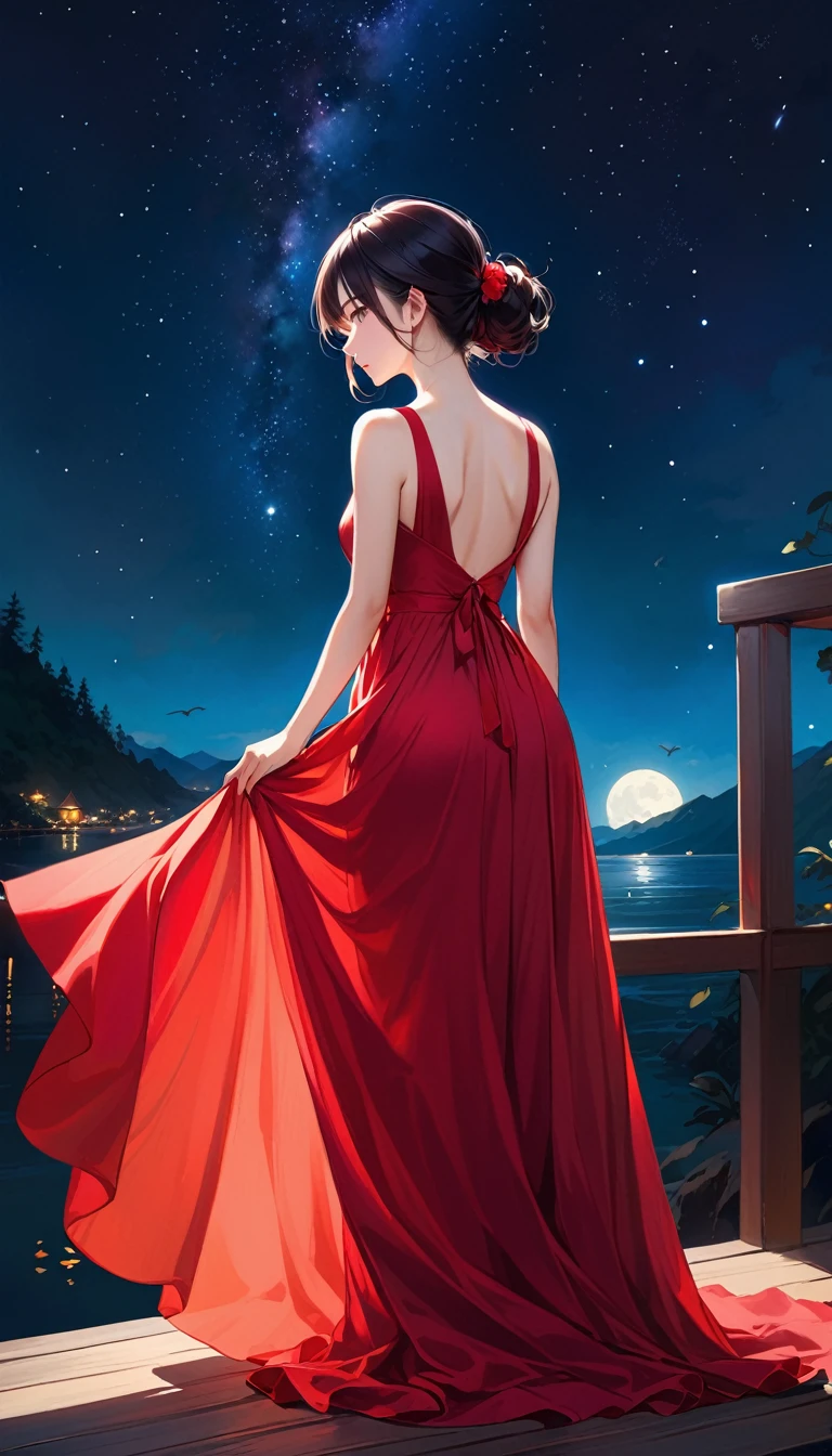 A 20-year-old Japanese girl stands looking at the night sky、thin、((Wearing a red dress)),((Beautiful long black hair))。highest quality。Back pose。