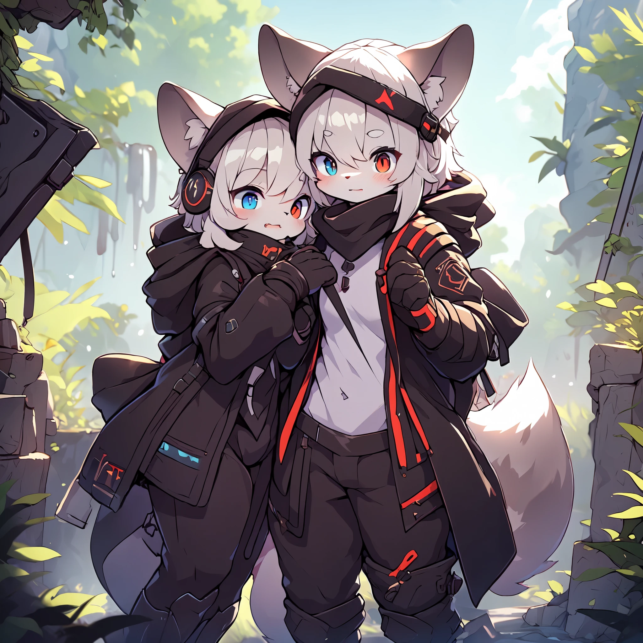 Kawaii, Striped Fluffy Fox, emaciated, long hair, 3girls, artificial synthetic skin, life support prosthetics, digital headphones, black tight latex bodysuit, white long dress, thigh-high-socks, shorts, loose off-the-shoulder hood open jacket, holsters in thigh, Mechanical boots, tactical knee pads, tactical belted loose Arm Sleeves, cybernetic Display gloves, chest rigs, tactical belts, blue archive halo, bulletproof goggles on forehead, from Ark nights, ray tracing, depth of field, bloom, masterpiece, ccurate, high details, highres