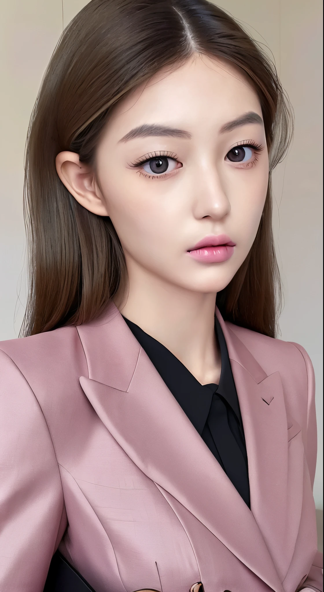 A kind and beautiful woman, Half-body photo, Delicate and sexy collarbone, Attractive oval face, double eyelid, Clever pink eyes, Pink Lips, Small Nose, Exposing shoulders, Concentrated face, Face close-up, Ultra-high resolution, Super detailed, Elegant standing posture, Black British college style double-breasted casual loose Korean style small suit jacket, Pair it with a black pleated skirt suit