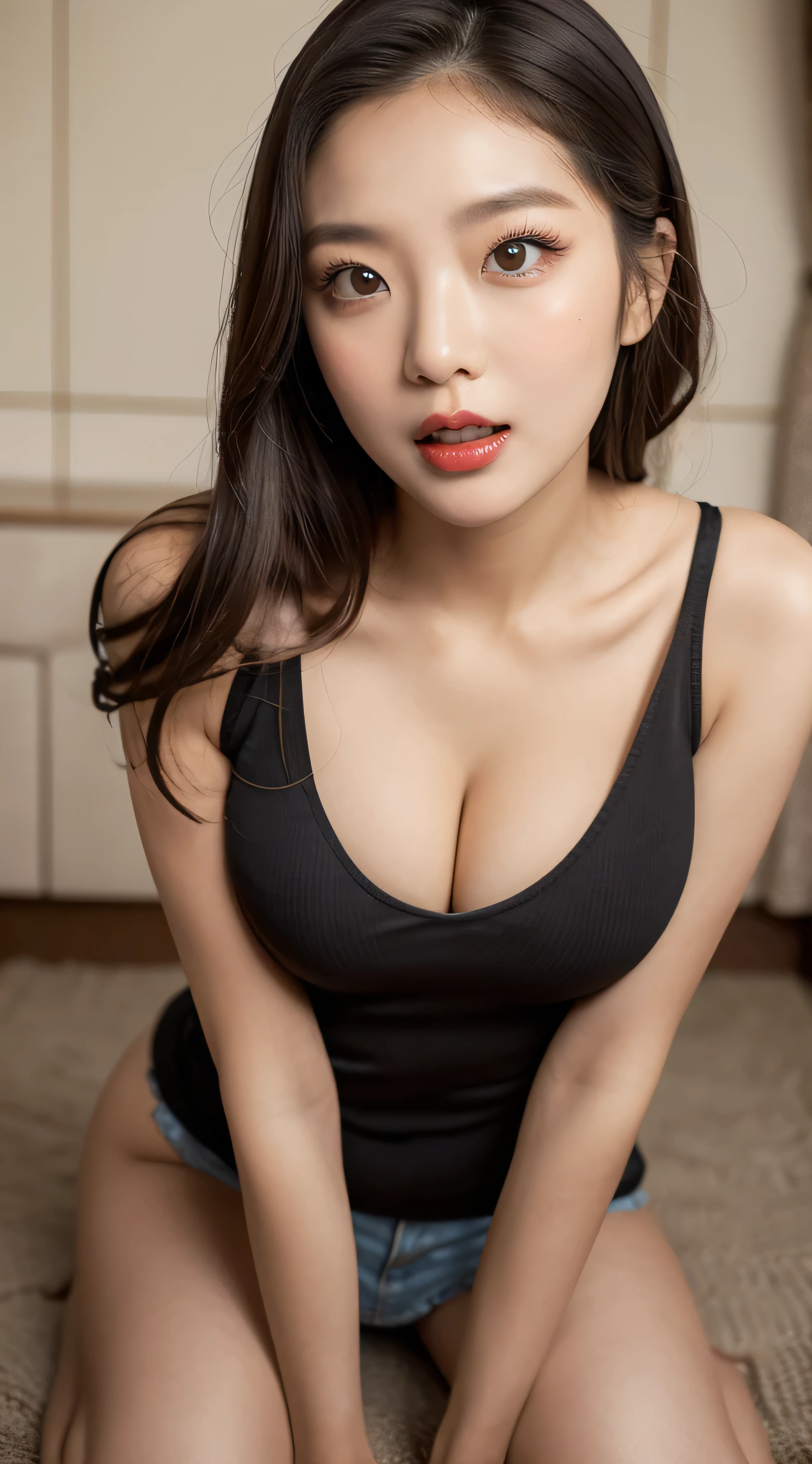 ((Best Quality, 8K, Masterpiece: 1.3)), Upper Body (1.3), Colossal (5), Outstanding Style, Gentle Face, , puffed up chin, Parallel Eyebrows, great smile, perfect teeth, very happy to see you, professional model make up, thin tank top that emphasize natural perfect cleavage, amazing breast enhancement, refresh, blushing hard, perfect long strong winged eyeliner: 1.7, double eyelid, red lips thin eyebrows, blushing hard, cute red cheeks, really fine brown sparkling eyes, Soft skin, perfect flawless photorealism, eye contact, perfect body, shocked expression in the eyes, extremely detailed cleavage, attractive girl, gorgeous young, submissive gaze, teasing you, sitting below you, surprised expression, jaw drop, skin details, arms wide open, fashionable girl, beautiful eyes, real face, real skin, real face, mouth open, tongue out, sharp focus on breasts