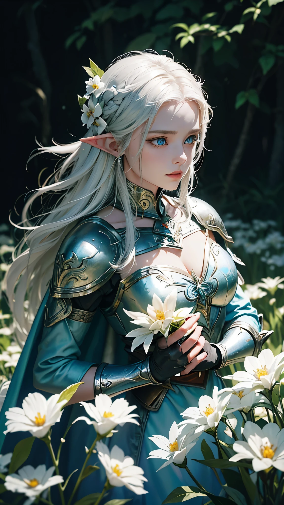 emotional oil paiting of a elf wearing full armor, she catching a flower, she is kneeling on a garden , white haired, vivid blue eyes, chiascuro style, elegance,(oil painting:1.4), hope, feelings, inspirationg, dramatic lighting, soft lighting, diffused lighting, earings, expressive eyes, beautiful expression, wearing a shiny armor, long hair, between flowers, magical, alone, solo, (holding a flower:1), perfect anatomy, (close up, eye focus), detailed armor, breast plate, gauntlet, shoulder pads, caPE