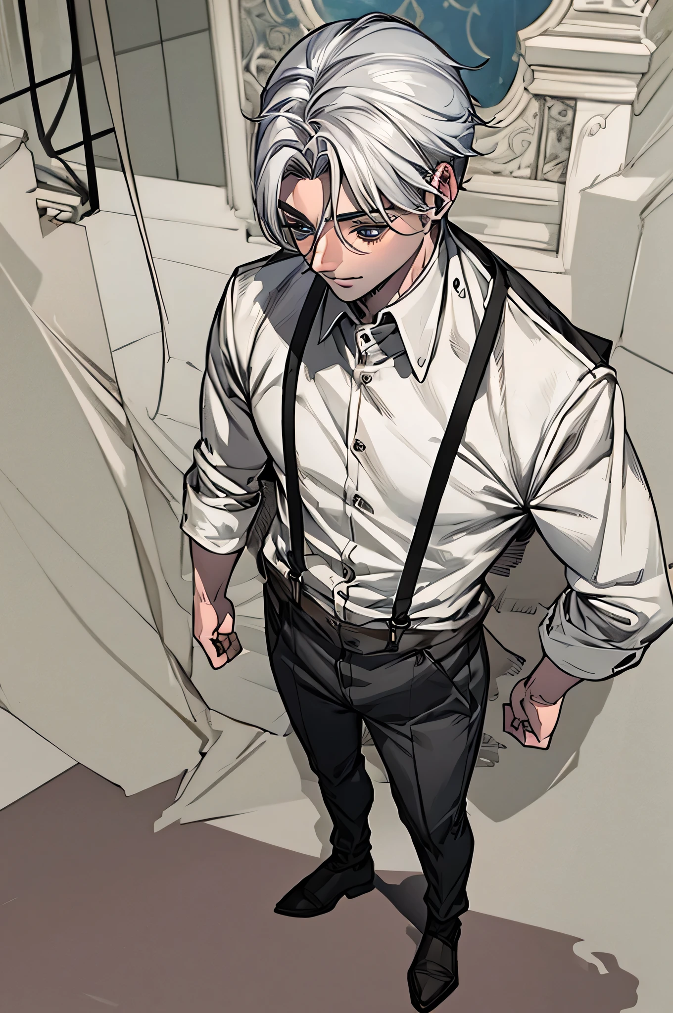 Jovem, garoto, cabelos brancos, cabelo curto, masculino, male, white hair, (jovem de *******), (************, boy), ((white elegant clothes with silver suspenders)), (olhos prateados), token, ordem, serious, detalhado, altamente detalhado, 16k, imagem perfeita, perfect strokes