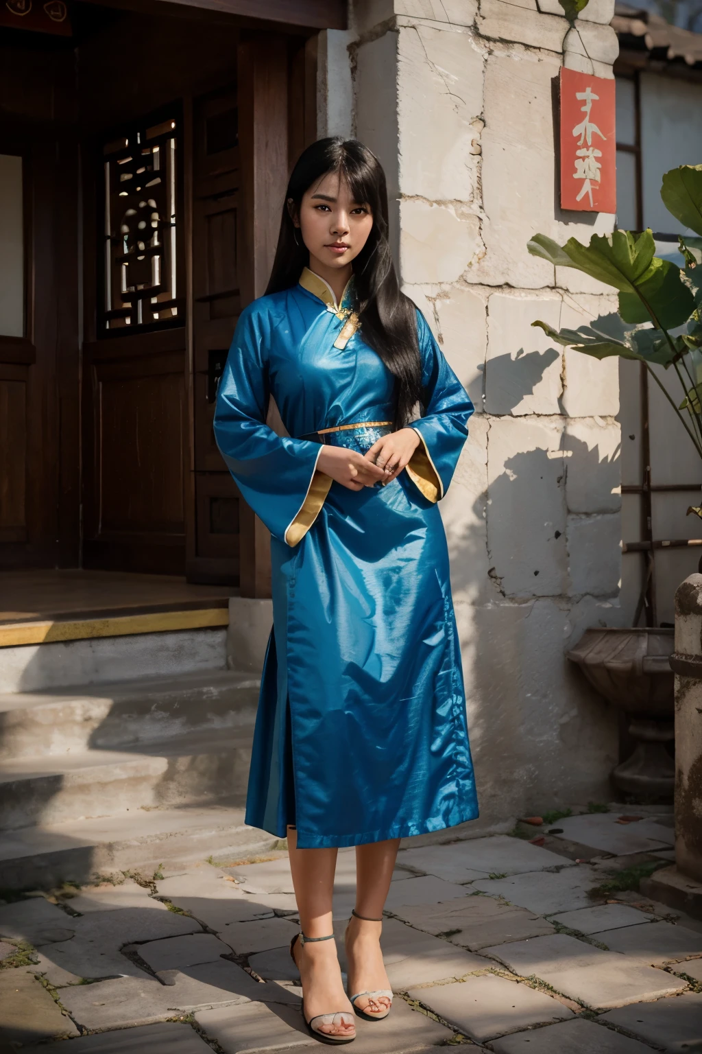 China, 1469. A little ((((8-year-old)) Tan Yunxian)), standing in luxurious room, ((sad expression)), ((((chinese clothings from the 1460s)))), ((hairstyle of the 1460s)), ((pastel colors, colorful))