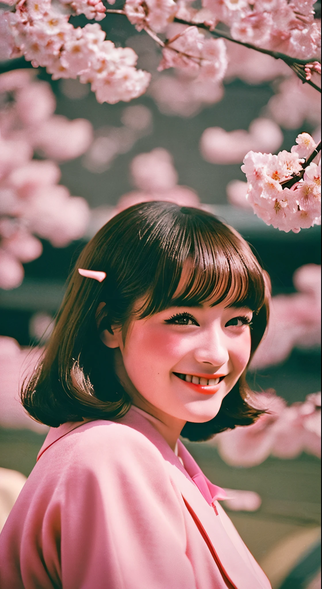 Retro Photography, 1960s , Agfa, Kodak, One girl,  Portraiture, Looking_in_Audience,  smile,  Japan, Tokyo, Cherry Blossom,  Octane Rendering,  一人in, rtrophto1