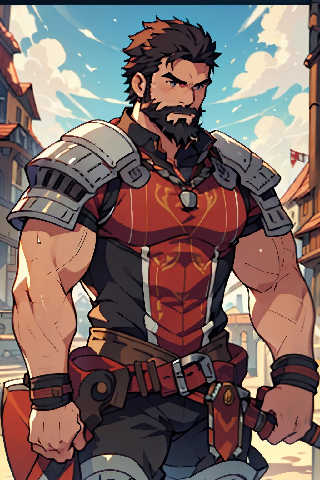 Large medieval kingdom in the background, old mature muscular male, black hair, very short hair, cropped military hairstyle, ((black beard))), ((thick beard)), (((full beard))), ((long beard)), green eyes, bright eyes, 48 years old, bara, muscular male, large shoulders, thick muscles, big muscles, huge arms, huge body, tall, Piece, athlete, bare biceps, Abs, chest, medieval armor, light armor, red armor, Mystical armor, Golden details on the armor, black details on the armor, elsword style armor, ((arms exposed)), thick beard, Neutral face, cowboy shot, high resolution:1.2, best quality, master part, daylight, Reflection of lens, upper body shot