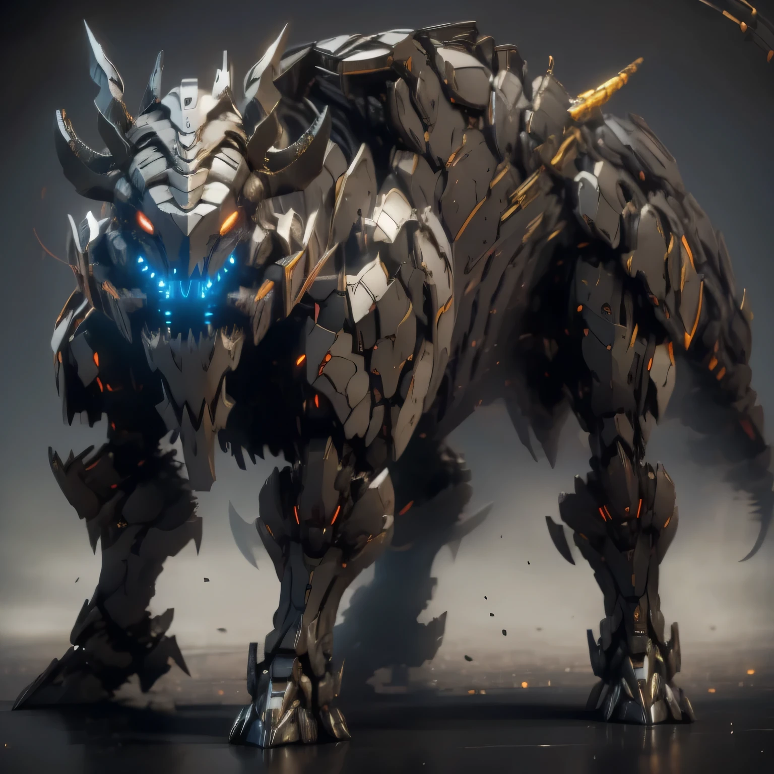 Full Body, Gray and Purple, Rhino, Robot, Savanna, Tusk Face, Symmetrical, Glowing Weapon, Round Design, On all Fours, Beast, Crawling