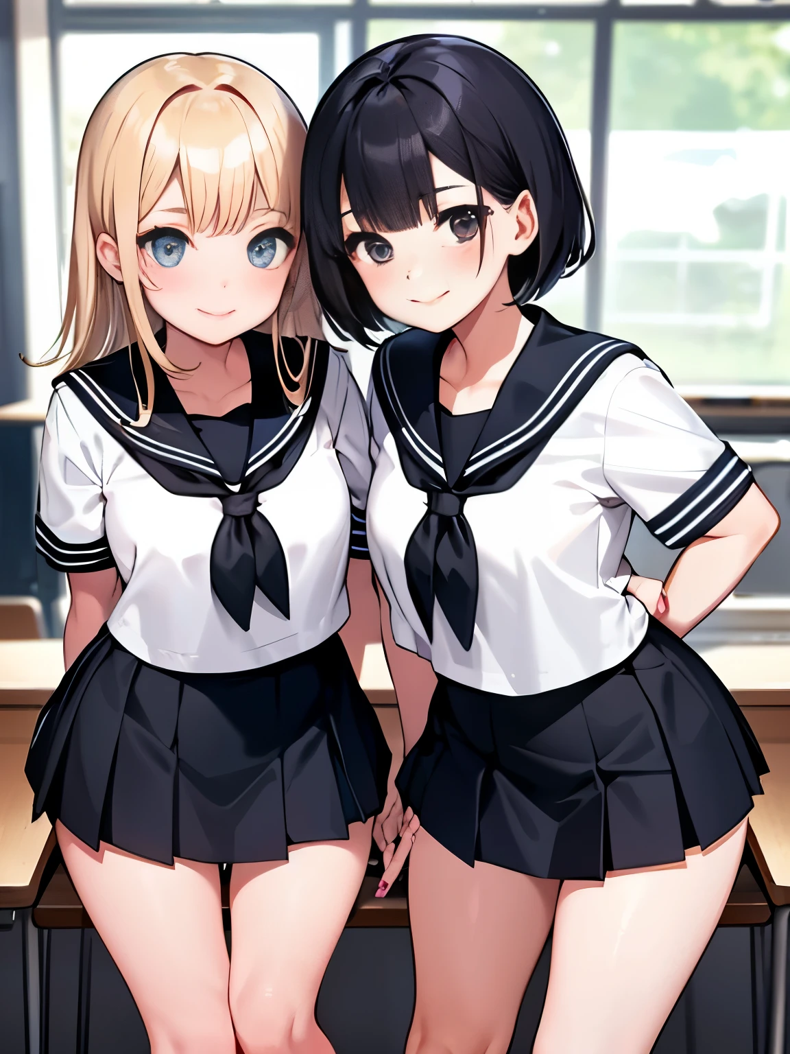 ((masterpeice, best quality)) perfect face, cinematic lighting, 1girl, solo, (tanned skin:1.2), (streets with tall buildings:0.7), (short hair, ponytail), (blond hair, green eyes:0.7), sailor uniform, holding shoulder bag, (running shoes:0.7), big breast, sitting on a bench alone, perfect face, beautiful face, beautiful eyes, (rib, slim body:1.3) (black stockings:!1.2), looking at viewer, blush, wearing blue skirt, (cute smile)