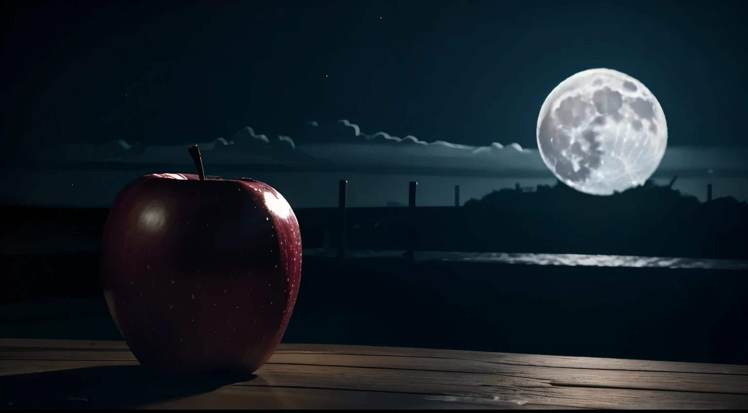 a shinigami eating a red apple, in the night, in the light of the moon, volumetric lighting, volumetric shadows, Masterpiece, Best quality, sky, raining detail