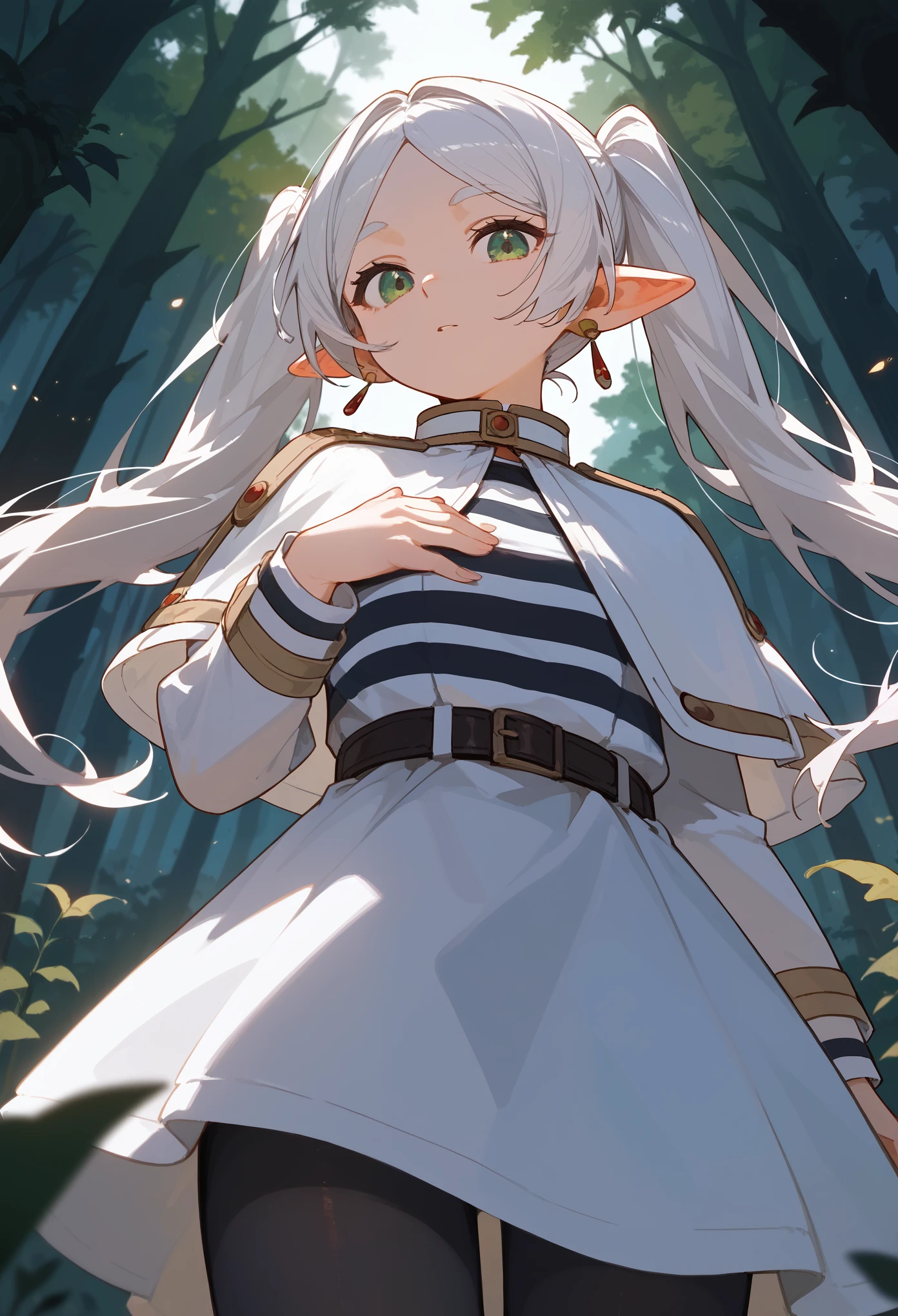 masterpiece, best quality, (score_9, score_8_up, score_7_up), 1girl, solo, FrierenBase, green eyes, white hair, long hair, twintails, earrings, white capelet, striped shirt, black stripes, long sleeves, belt, white skirt, black pantyhose, looking at viewer, from below, hand on chest, perfect hands, forest, night, sharp focus, masterpiece, best quality
