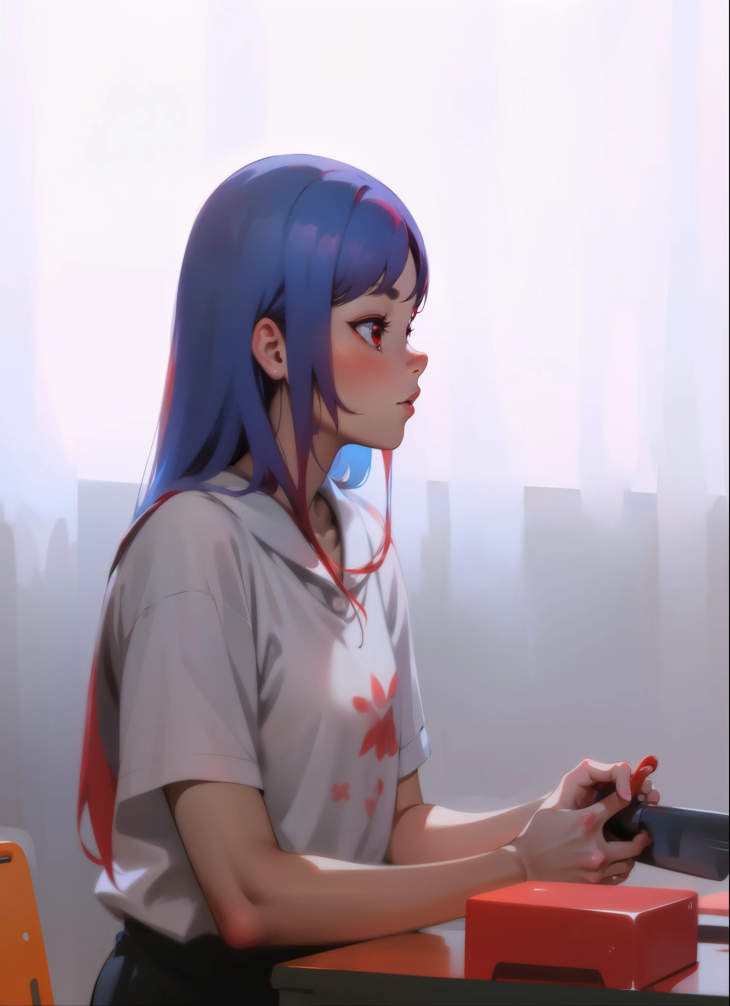 girl with red hair, red eyes,