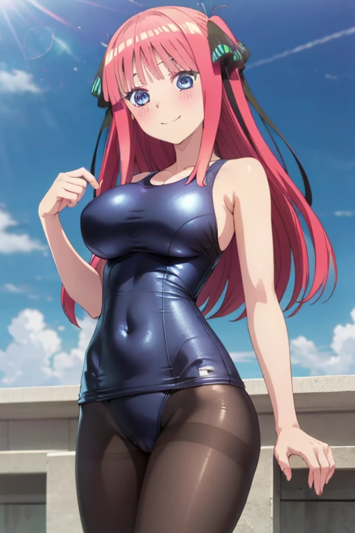 best quality, ultra-detailed masterpiece, anime art style, cute character, nino nakano, large breasts, blush, smile, one-piece swimsuit, pantyhose,