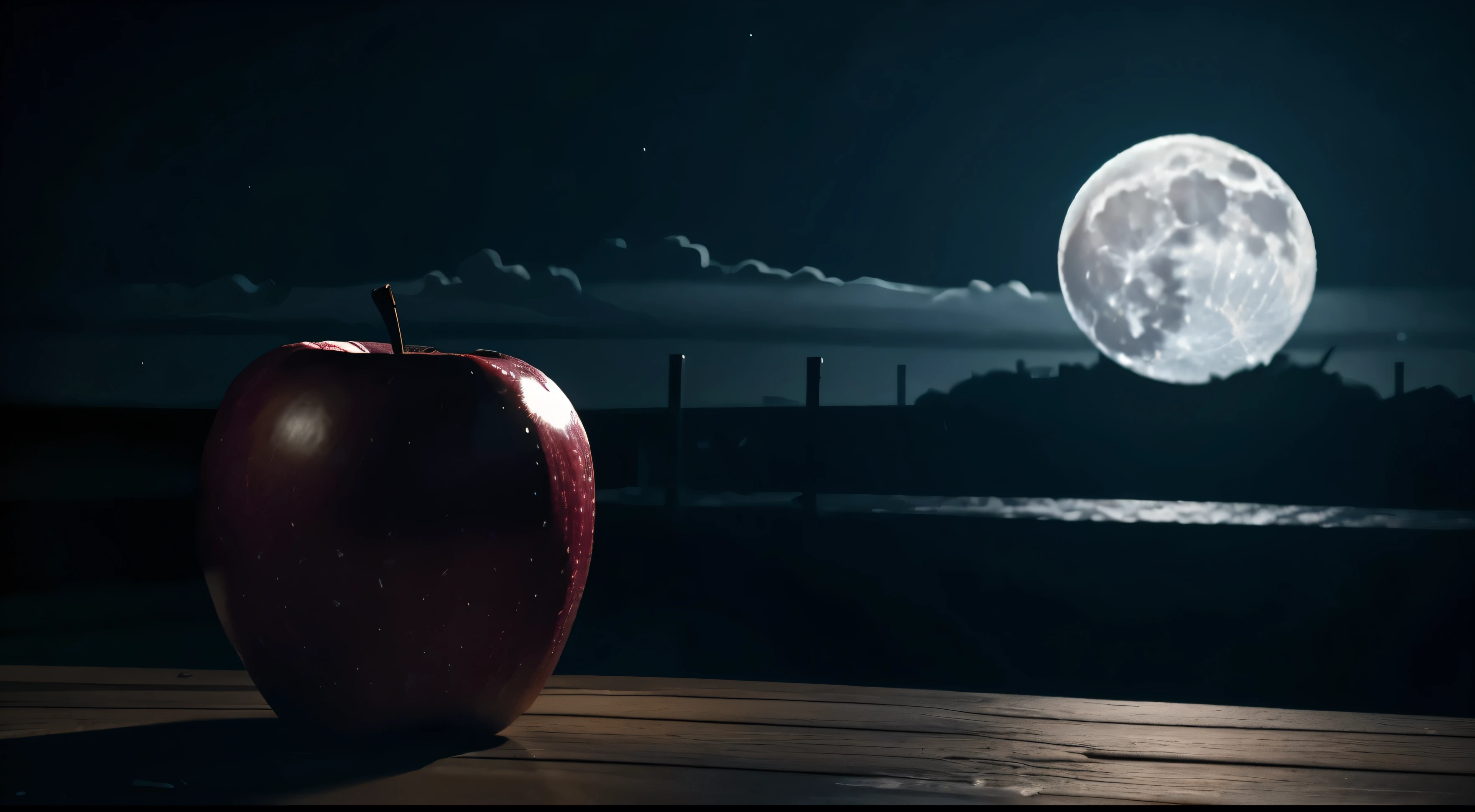 a shinigami eating a red apple, in the night, in the light of the moon, volumetric lighting, volumetric shadows, Masterpiece, Best quality, sky, raining detail